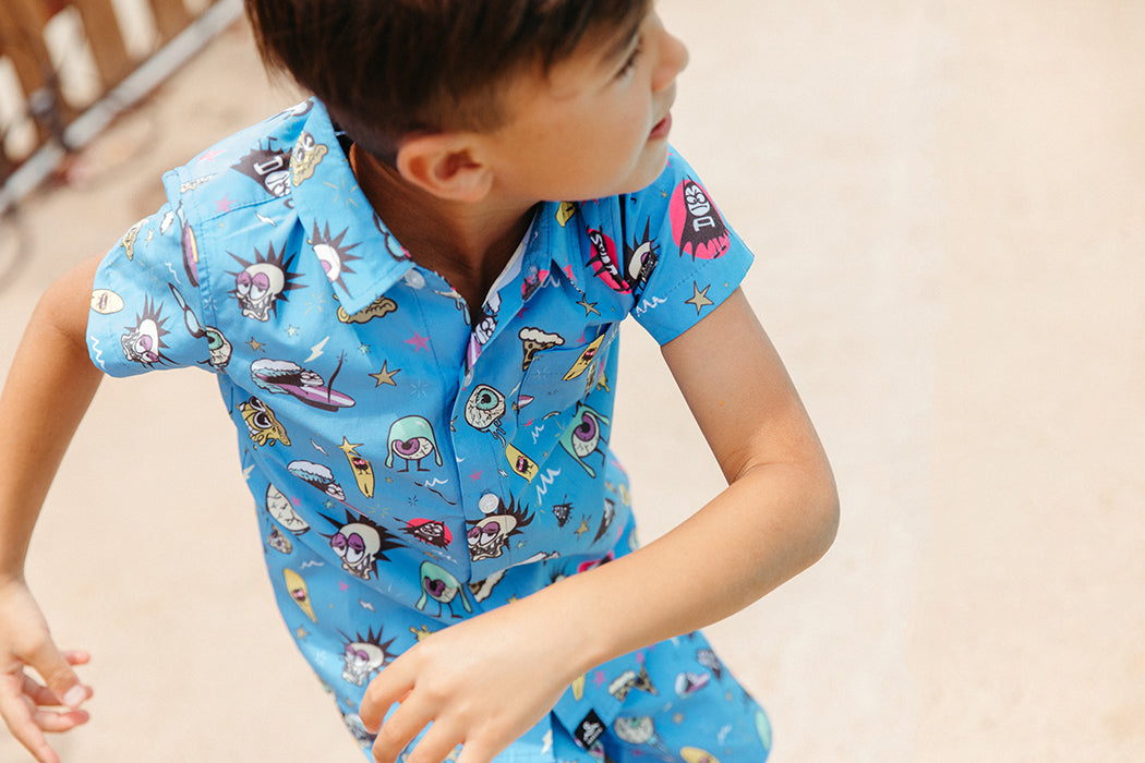 SEAESTA SURF X THE AQUABATS! SUPER CYAN BUTTON UP!